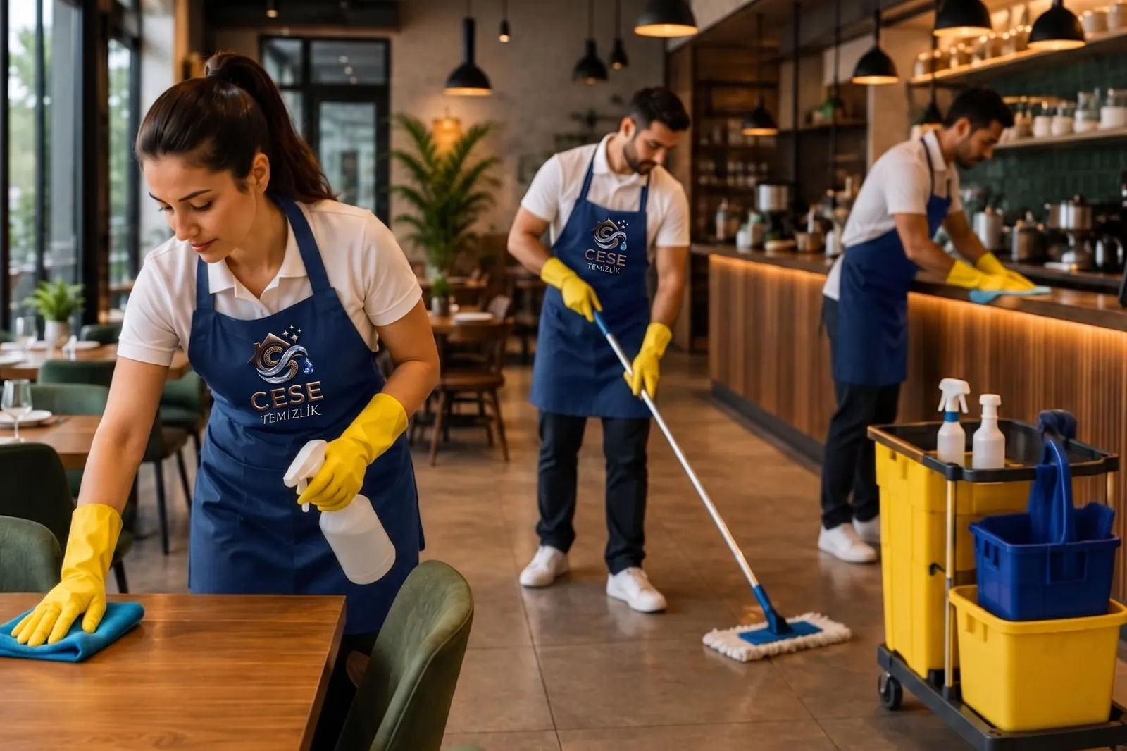 Cese Temizlik ekibi bir kafede masaları siliyor, zemini paspaslıyor ve bar tezgâhını temizliyor